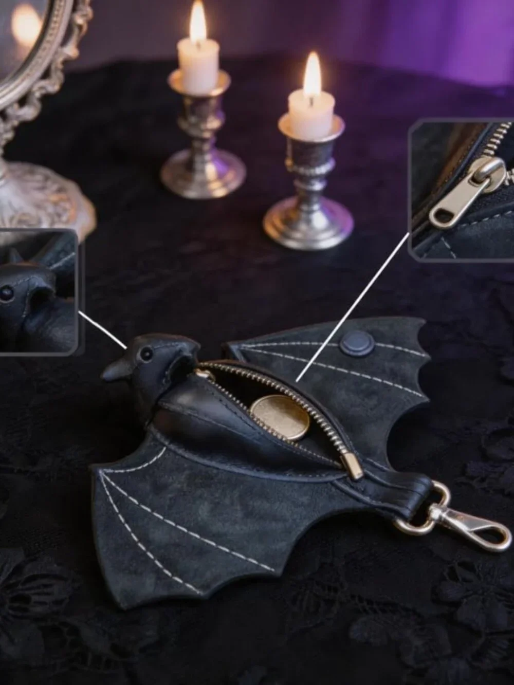 Leather Bat Coin Purse Gothic Wallet Handmade Bag Charm